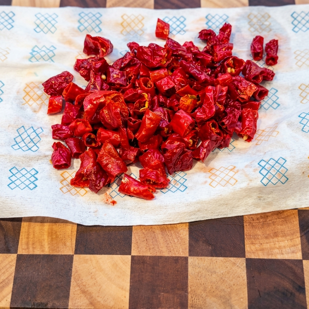 Bucce di peperoncino rosso ammorbidite, tagliate finemente su un tagliere di legno.