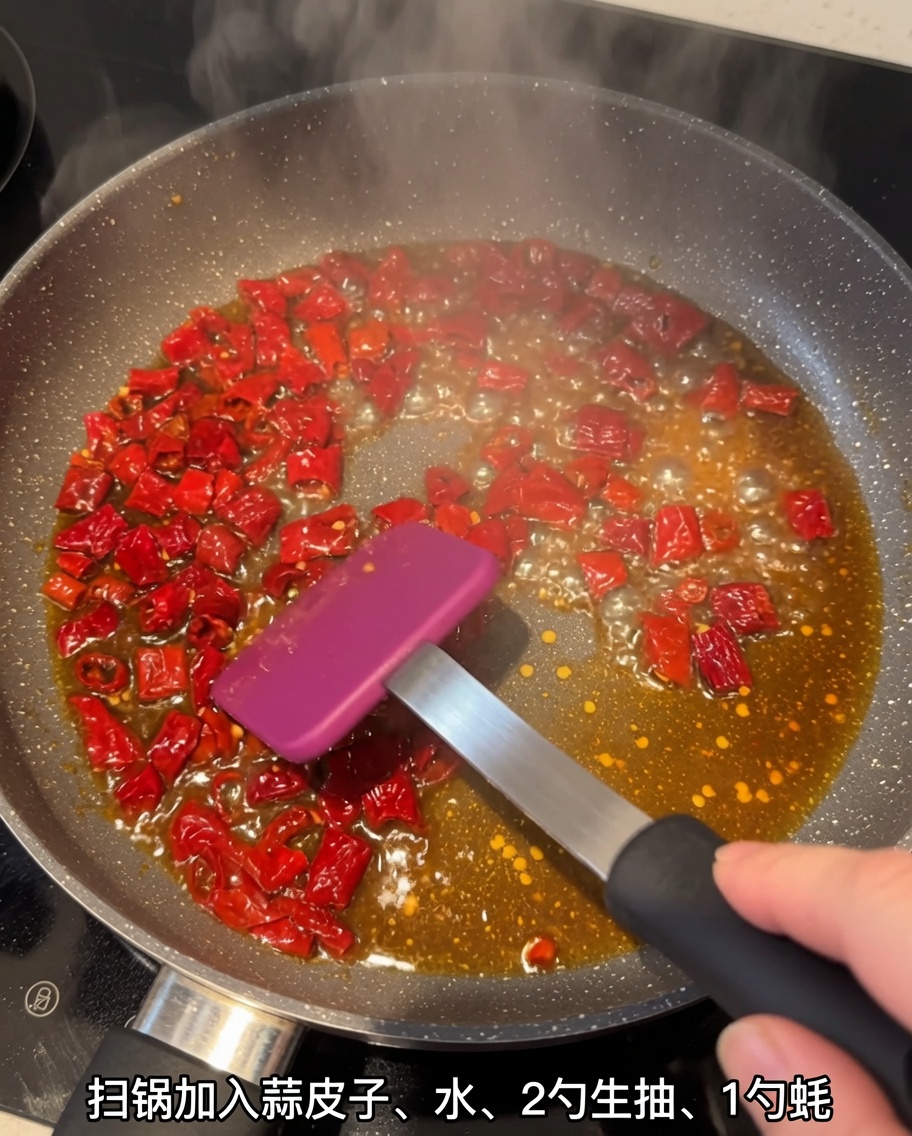 Bucce di peperoncino a dadini che cuociono in padella con una salsa a base di soia.