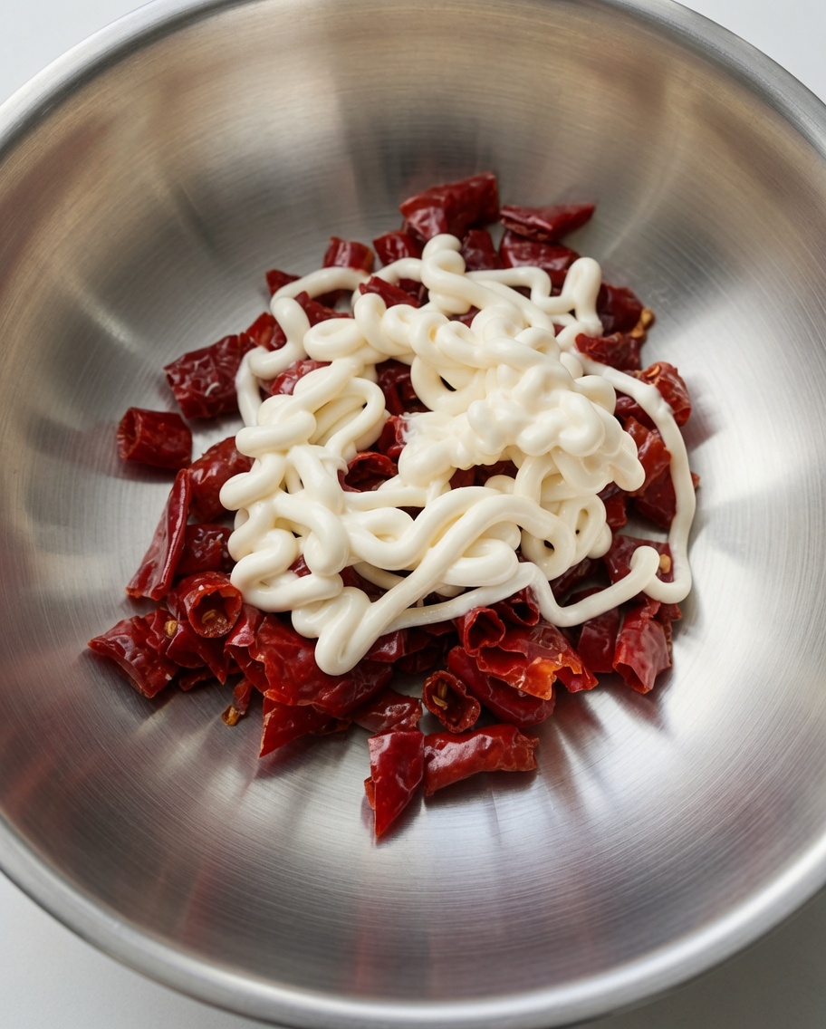 Bucce di peperoncino cotte guarnite con maionese in una ciotola dacciaio.