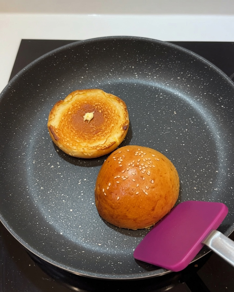 Metà di pane per hamburger tostate in padella con burro fuso fino alla doratura.