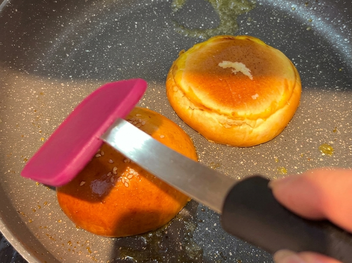Un succoso hamburger di manzo che rosola in una padella calda.