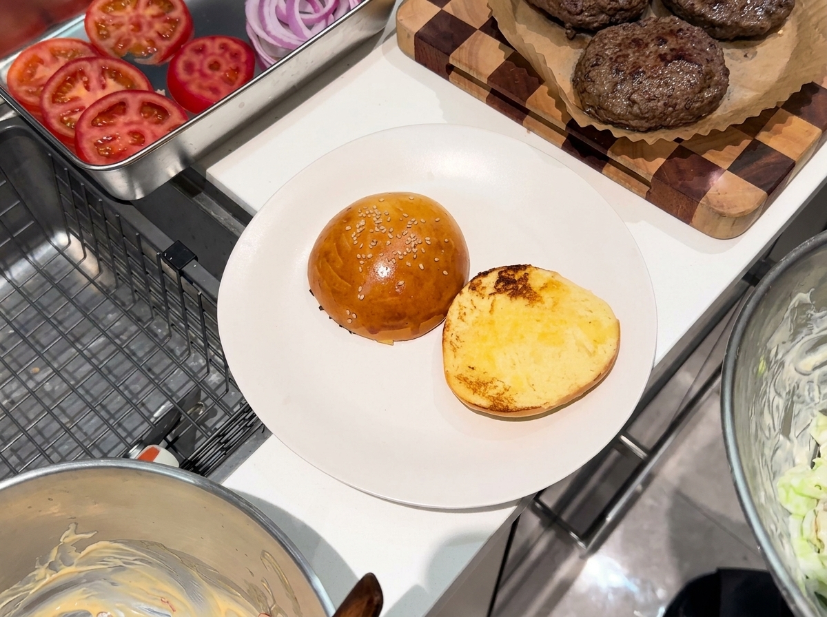 Un hamburger perfettamente assemblato su un piatto, con lattuga fresca, hamburger di manzo, pomodori a fette e salsa piccante.