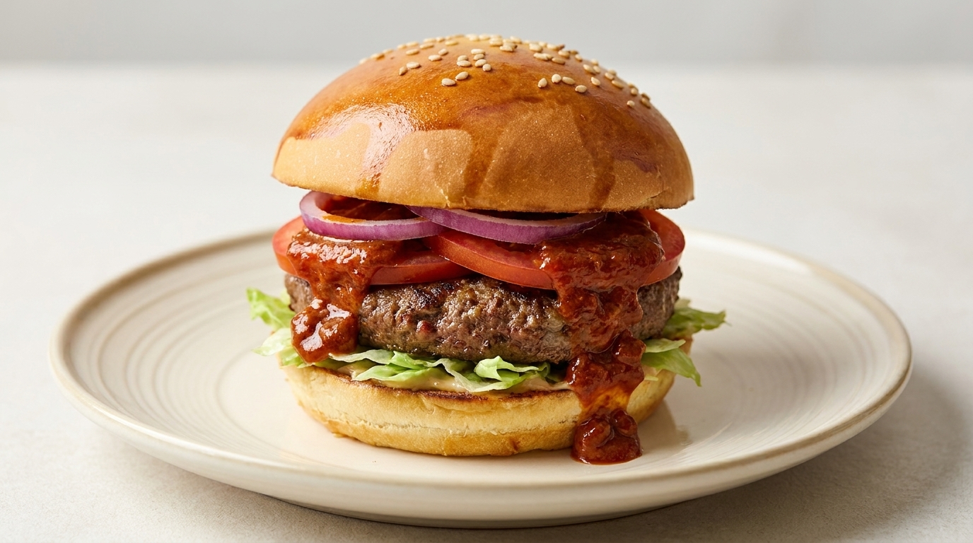Un gourmet hamburger piccante con un succoso hamburger di manzo guarnito con una ricca salsa piccante alle bucce di peperoncino.