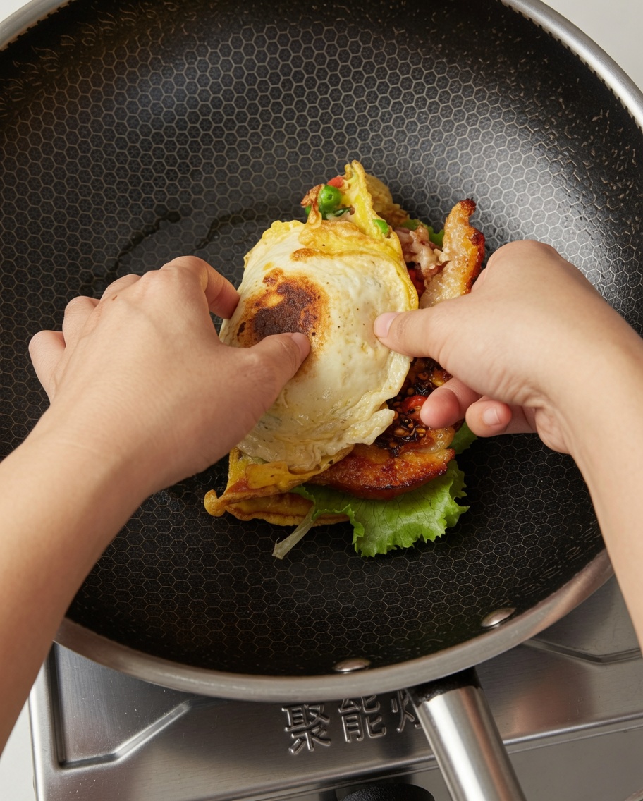 Due mani piegano a metà lomelette e il panino farciti per formare un hamburger molto alto in un wok.