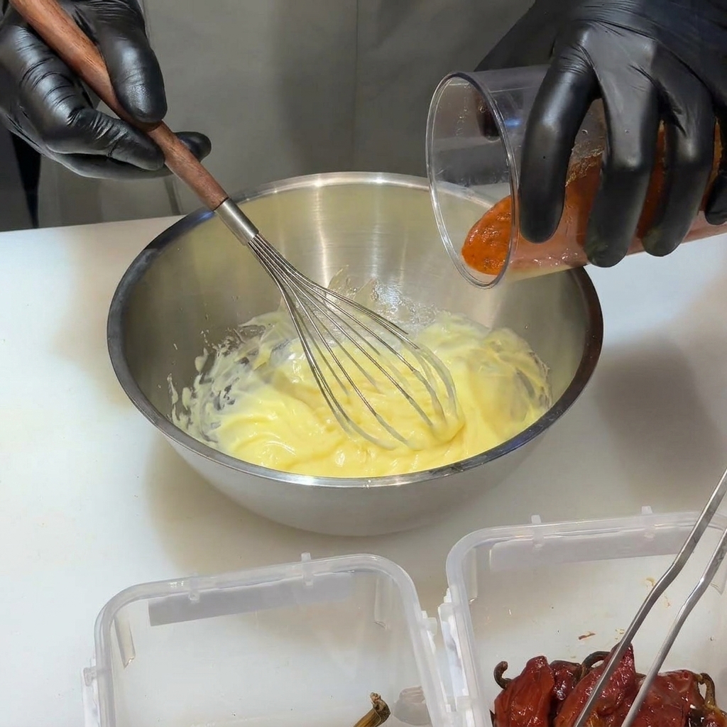 Salsa al peperoncino incorporata in una base di maionese cremosa.