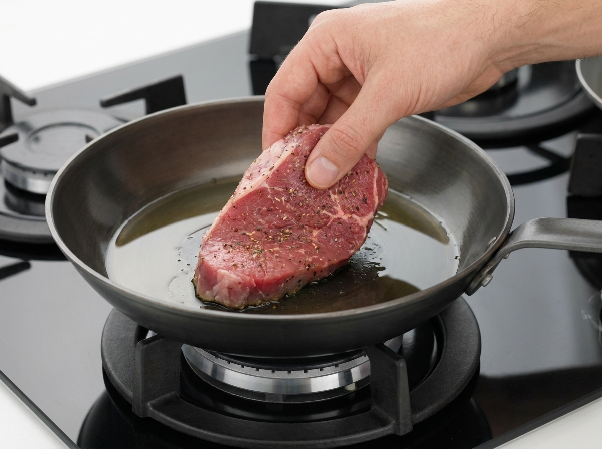 Un patty di carne crudo e condito posto in una padella di acciaio inox calda e oliata.