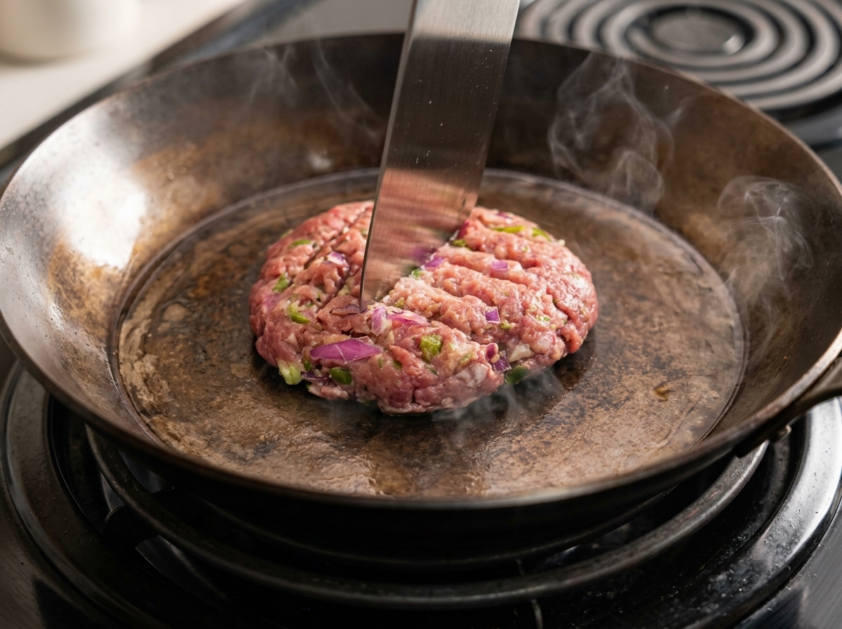 Una spatola di metallo che incide un motivo a griglia sulla superficie di un patty in cottura.