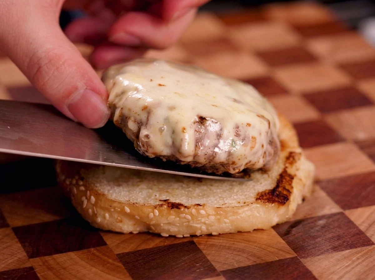 Una spatola che trasferisce un patty cotto coperto di formaggio fuso su una base di panino al sesamo tostato.