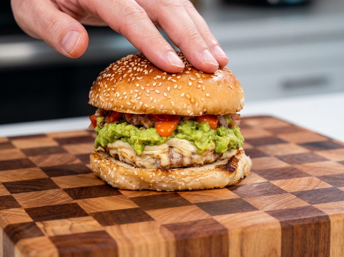 Una mano che posiziona la metà superiore di un panino al sesamo sopra un hamburger farcito.