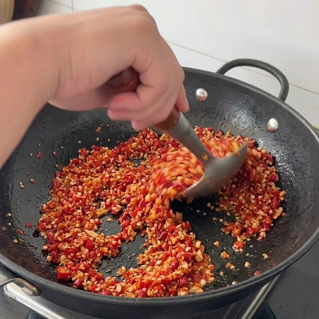 Misto di peperoncino e aglio saltato nel wok con una grande spatola di metallo.