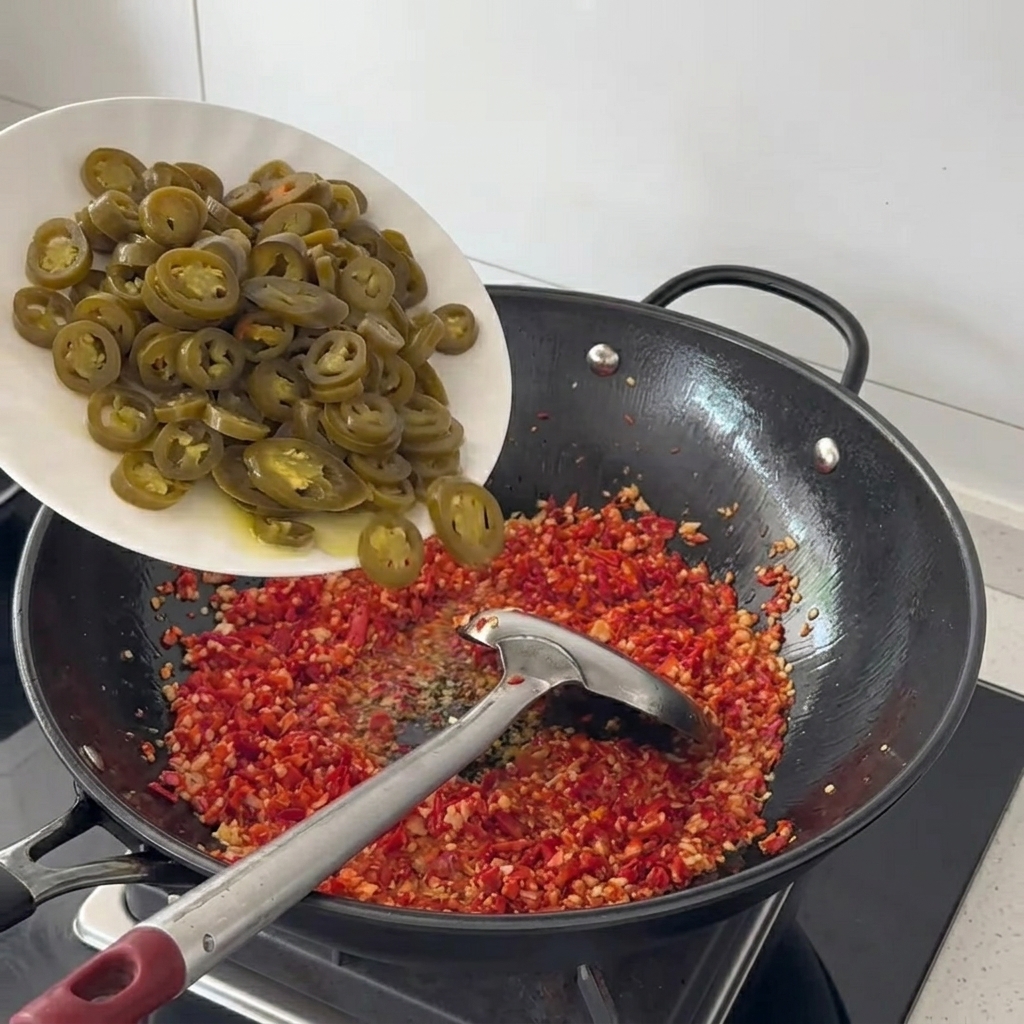 Fette di jalapeño verde in salamoia aggiunte al mix piccante nel wok.
