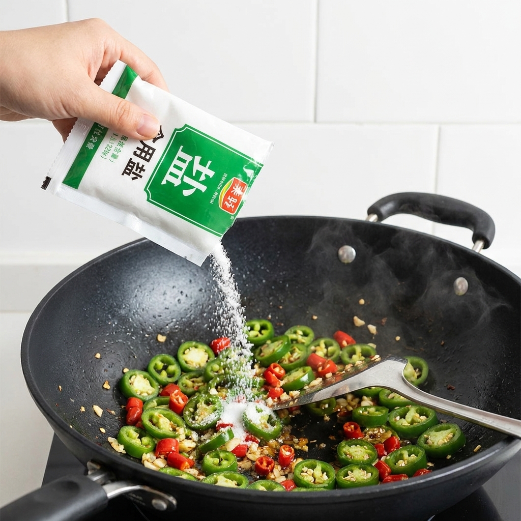 Sale spolverato sul composto di peperoncino e jalapeño in cottura nel wok.
