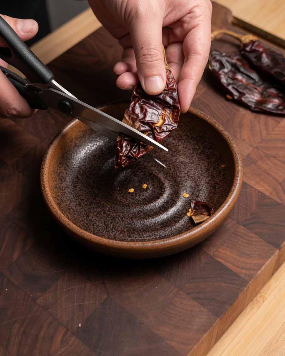 Primo piano di mani che usano forbici per tagliare peperoncini Guajillo essiccati sopra una rustica ciotola marrone.