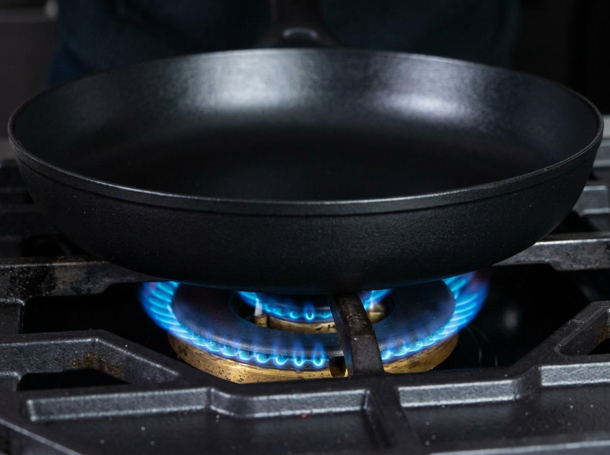 Bacon a dadini che rosola nel grasso in una padella nera su un fornello a gas.
