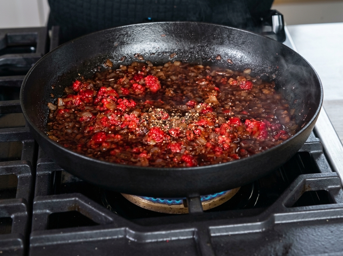 Bacon croccante, lamponi, cipolle e caffè che sobbollono insieme in una padella.