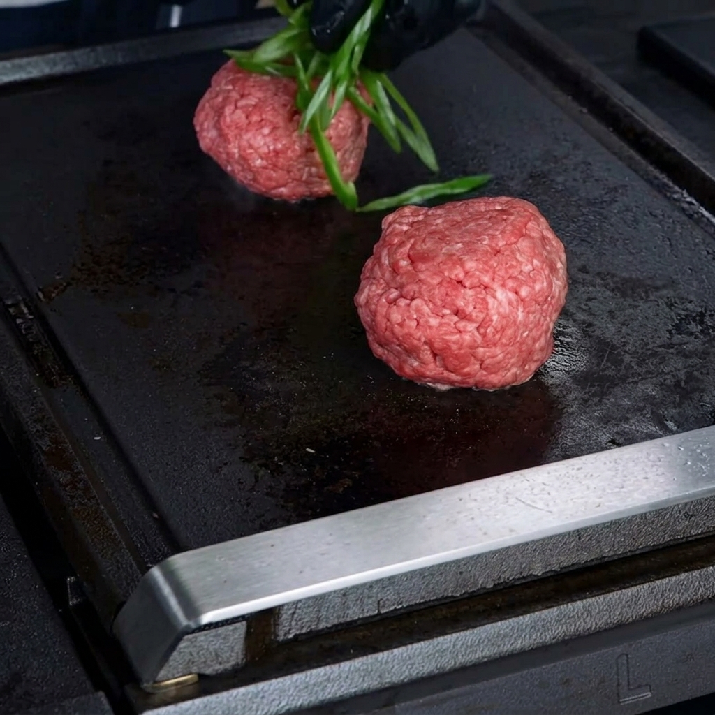 Mani guantate che posizionano fettine sottili di jalapeño fresco sopra le polpette di manzo crudo sulla piastra.