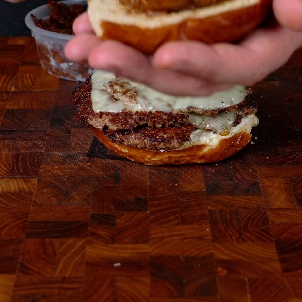 Mani che reggono la parte superiore del panino tostato spalmandovi sopra uno strato di confettura di bacon.