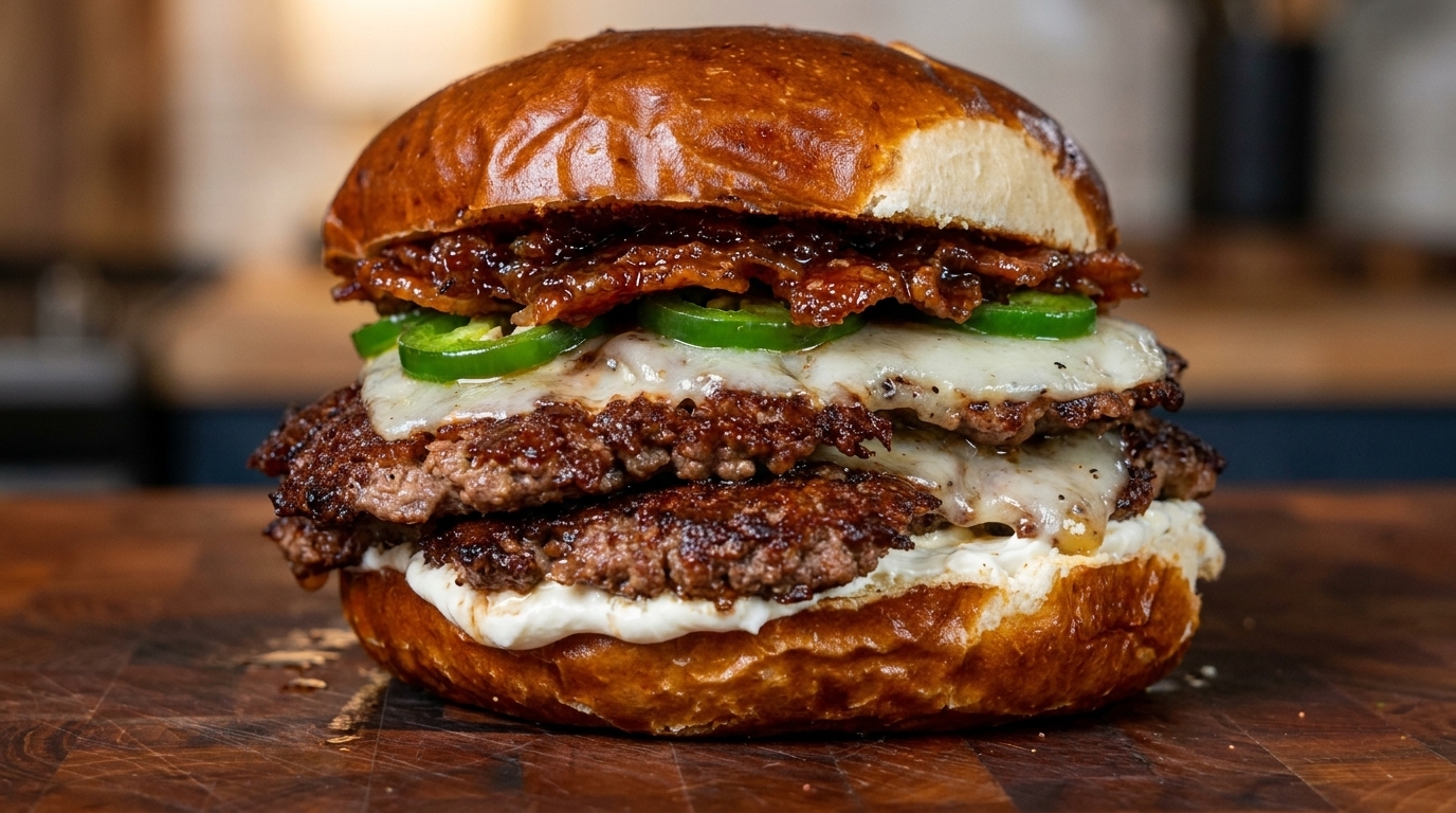 Uno Smashburger Jalapeño Popper a strati con Havarti fuso, peperoncini freschi e una lucida confettura di bacon al lampone.