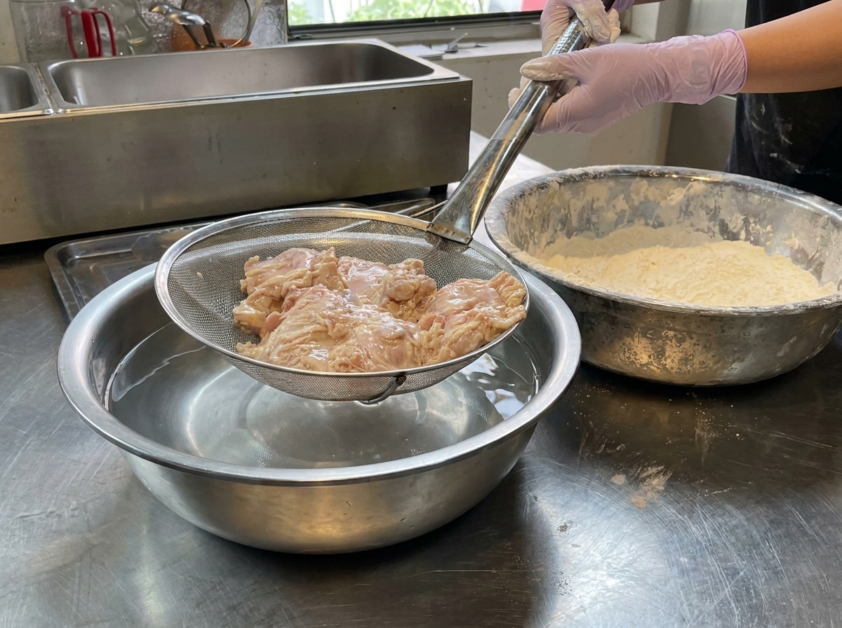 Pezzi di pollo infarinati sollevati da un bagno dacqua con un colino per scolare il liquido in eccesso.