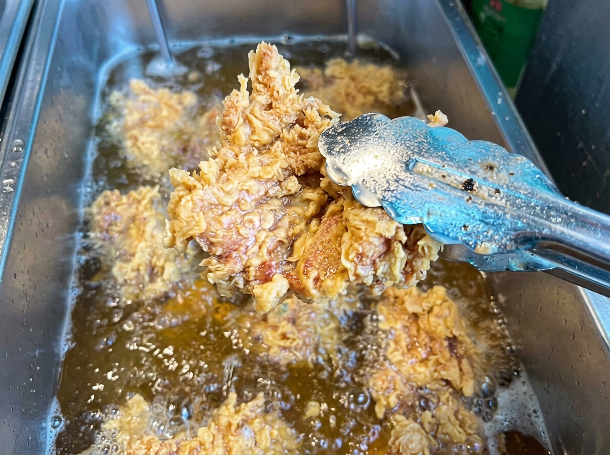 Delle pinze sollevano un pezzo di pollo fritto dorato e croccante da una friggitrice scoppiettante.