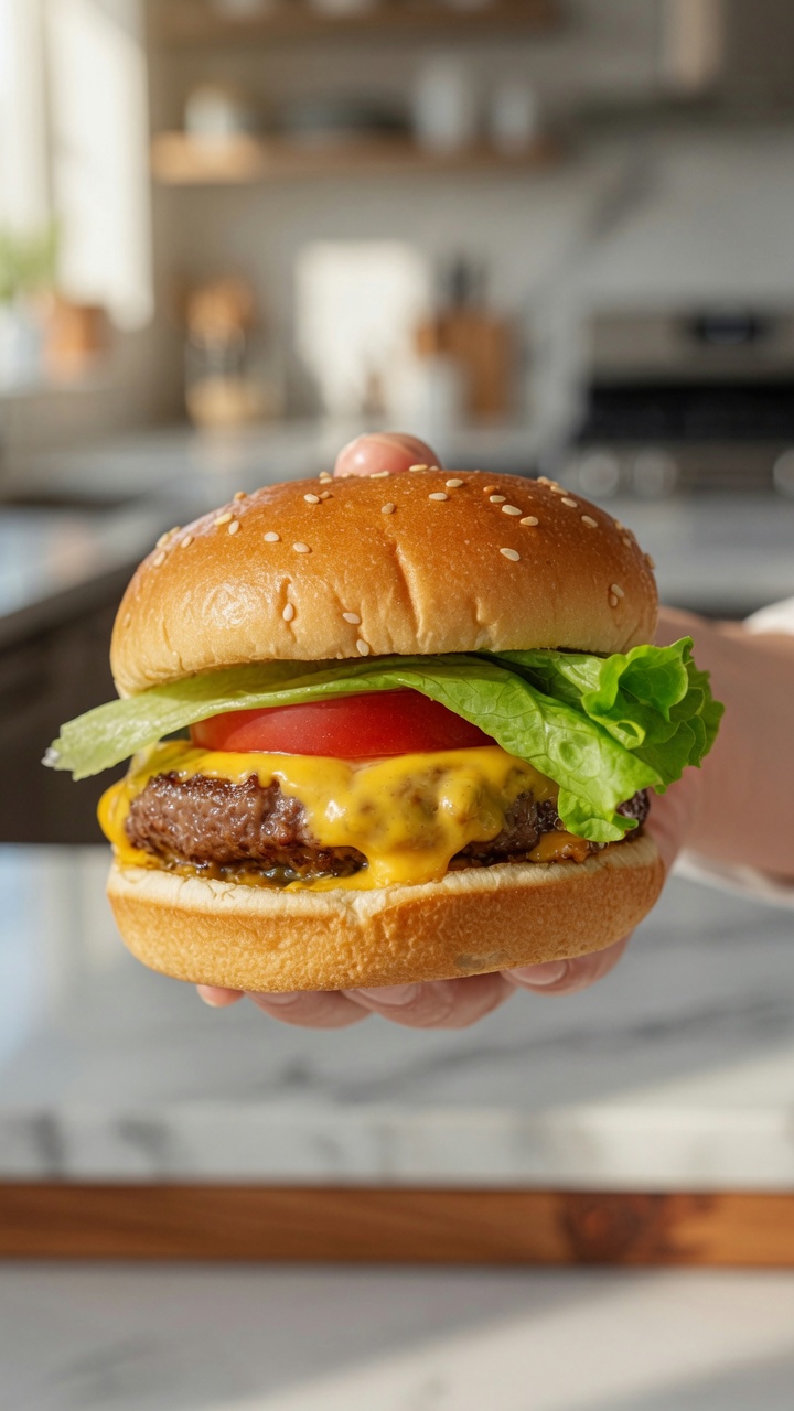 Un succoso cheeseburger di manzo Angus con cheddar fuso, pomodoro fresco e lattuga croccante su un panino tostato.