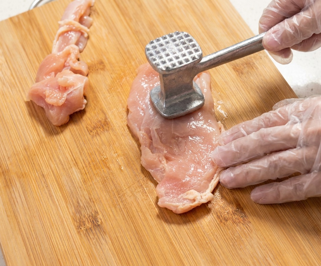 Primo piano di un petto di pollo crudo battuto con un batticarne di metallo su un tagliere di legno.