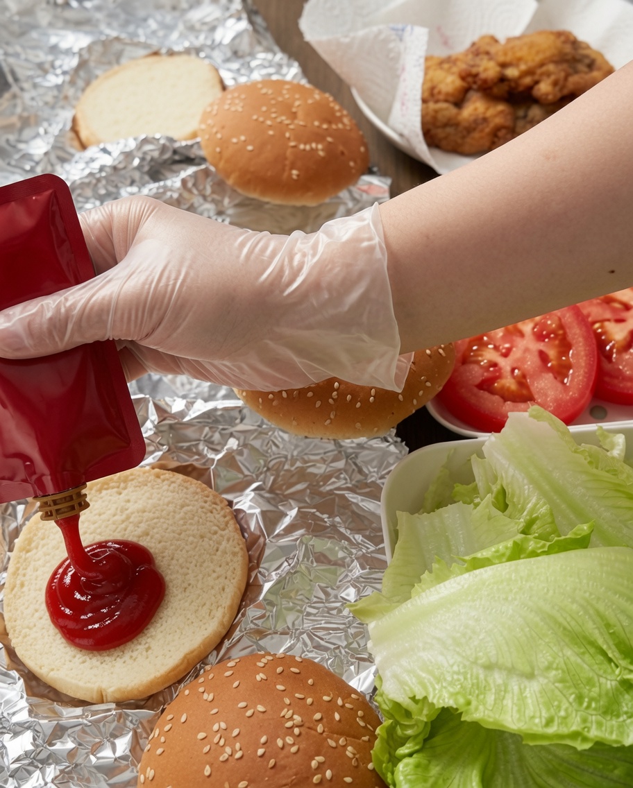 Una mano con guanto distribuisce ketchup su un morbido panino da hamburger, con lattuga fresca e pomodori a fette accanto.