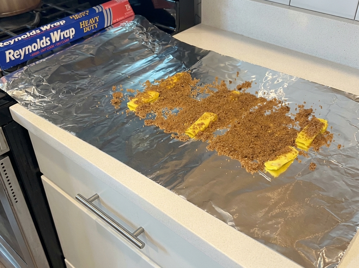 Un ampio foglio di carta stagnola sul piano di lavoro della cucina con zucchero di canna e tocchetti di burro giallo.