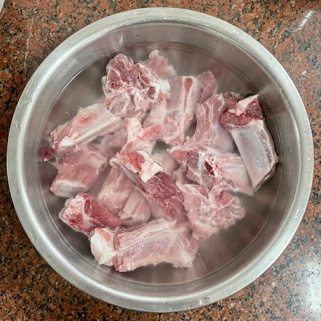 Costolette di maiale tagliate in ammollo in acqua fredda dentro una ciotola di acciaio.