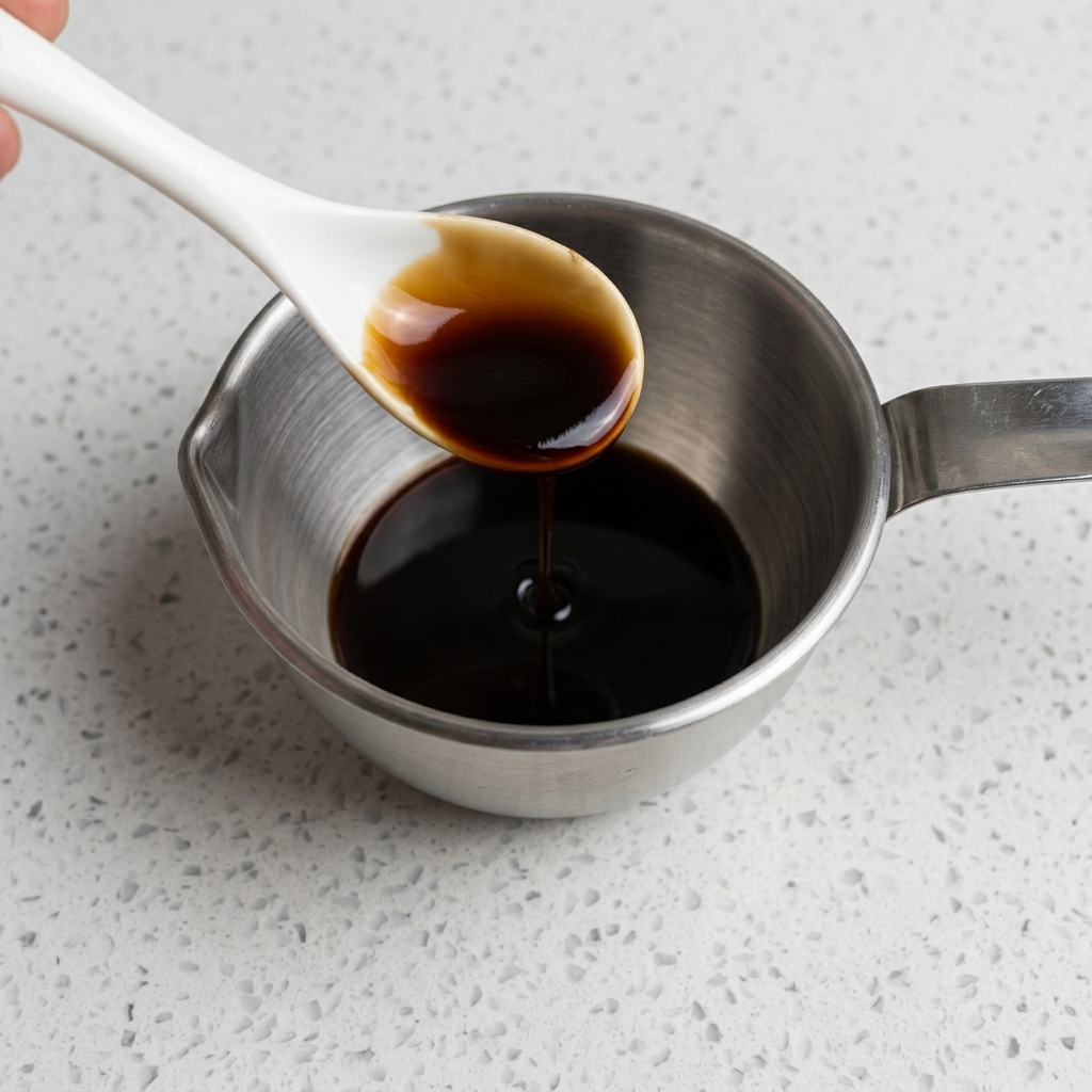 Ketchup e salsa char siu mescolati alla base di soia in un contenitore di metallo.
