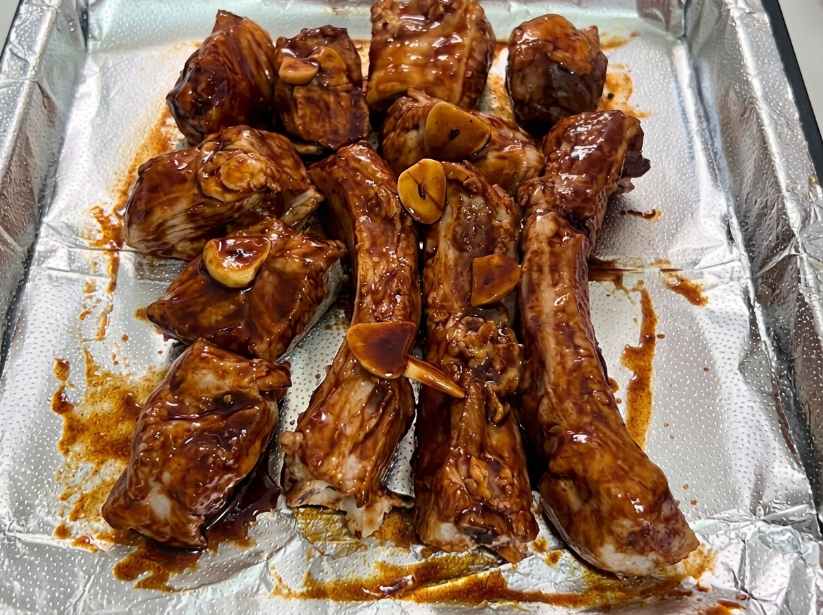 Una leggera nebulizzata di olio da cucina spruzzata sulle costine marinate.
