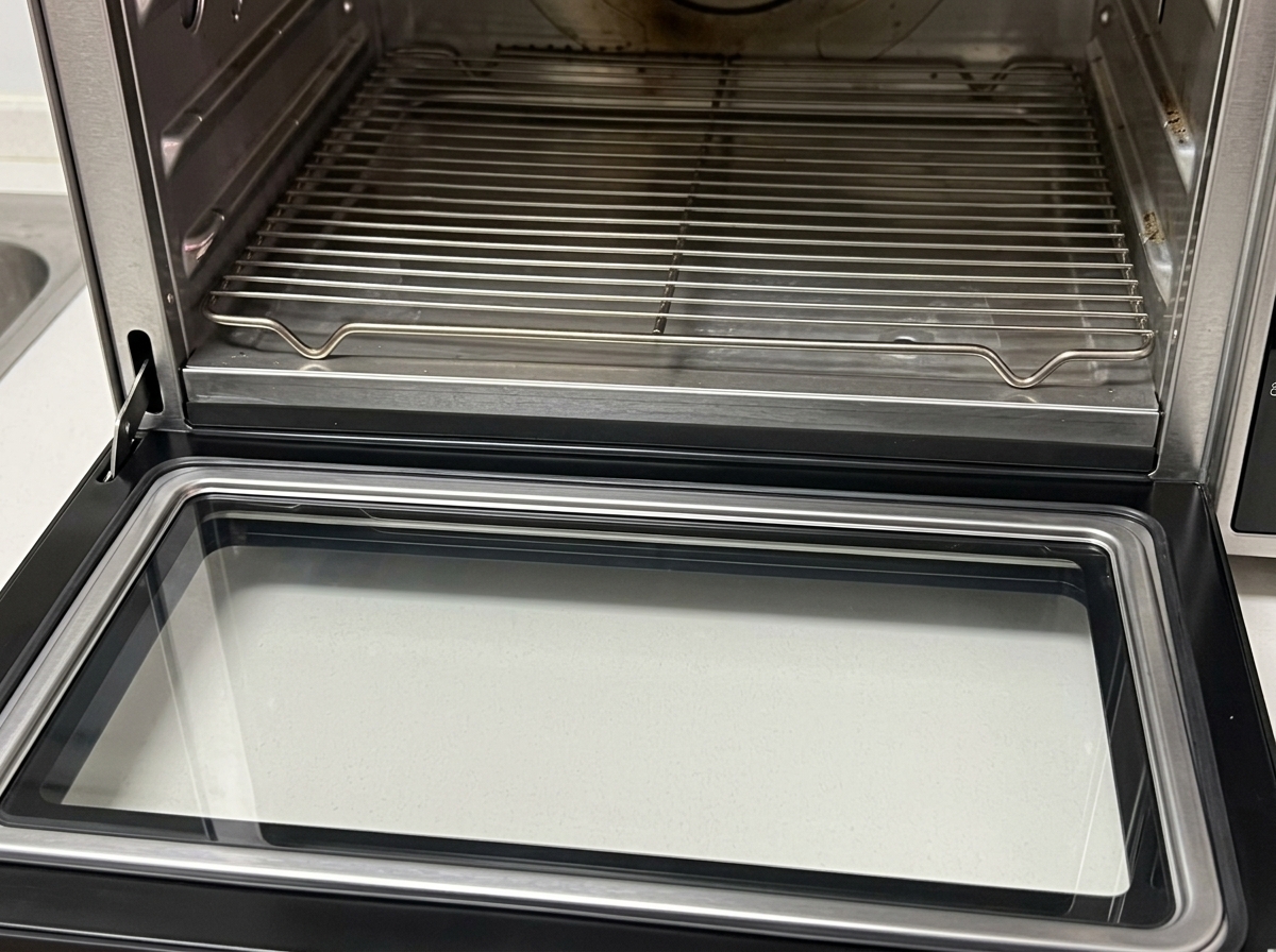 Lo sportello aperto di un forno che mostra una griglia pulita, pronta per accogliere la teglia di costine glassate.