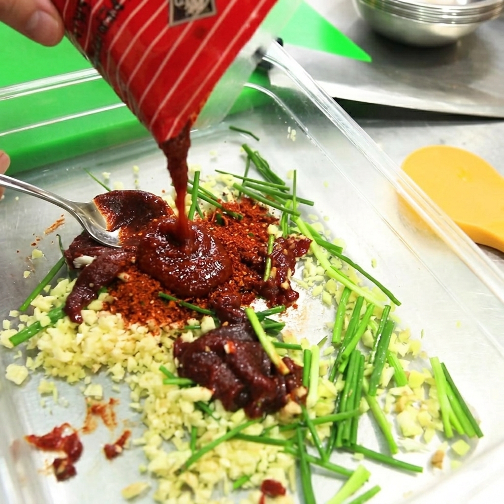 Polvere di peperoncino coreano rosso vivo macinata finemente, versata nel contenitore della marinata sopra il composto di aglio e erba cipollina.
