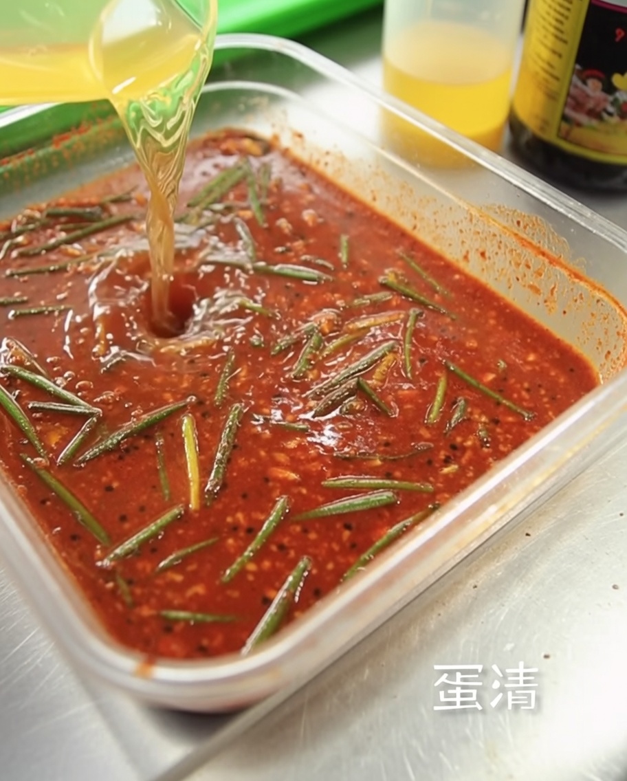 Albumi trasparenti versati nella ciotola con gli ingredienti della marinata rossa.