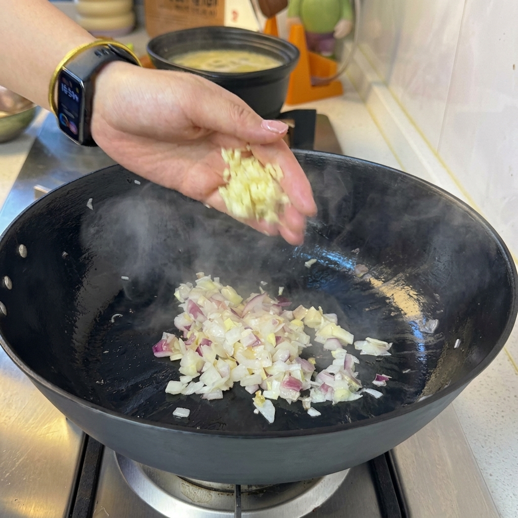 Aglio tritato e manzo rosolato che cuociono insieme in padella.