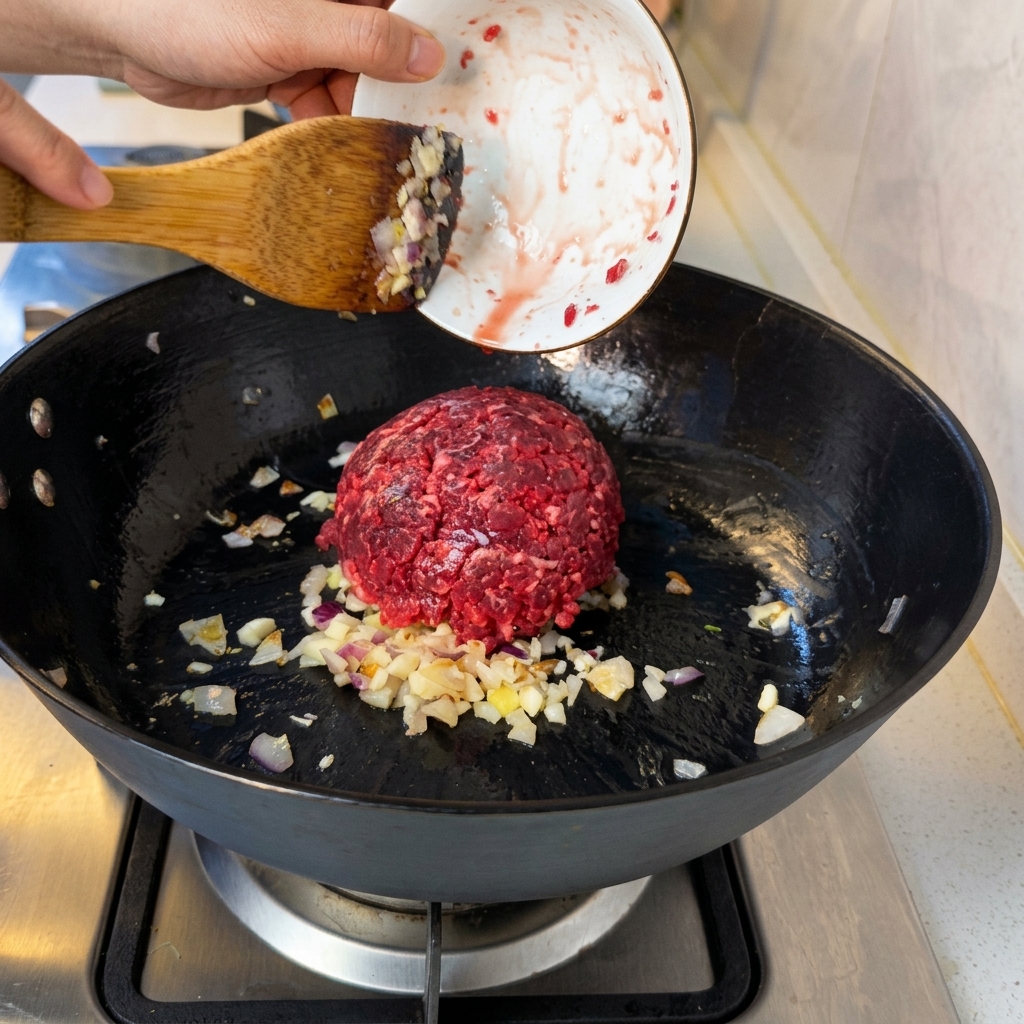 Carne macinata saltata in padella con cipolle e aglio.