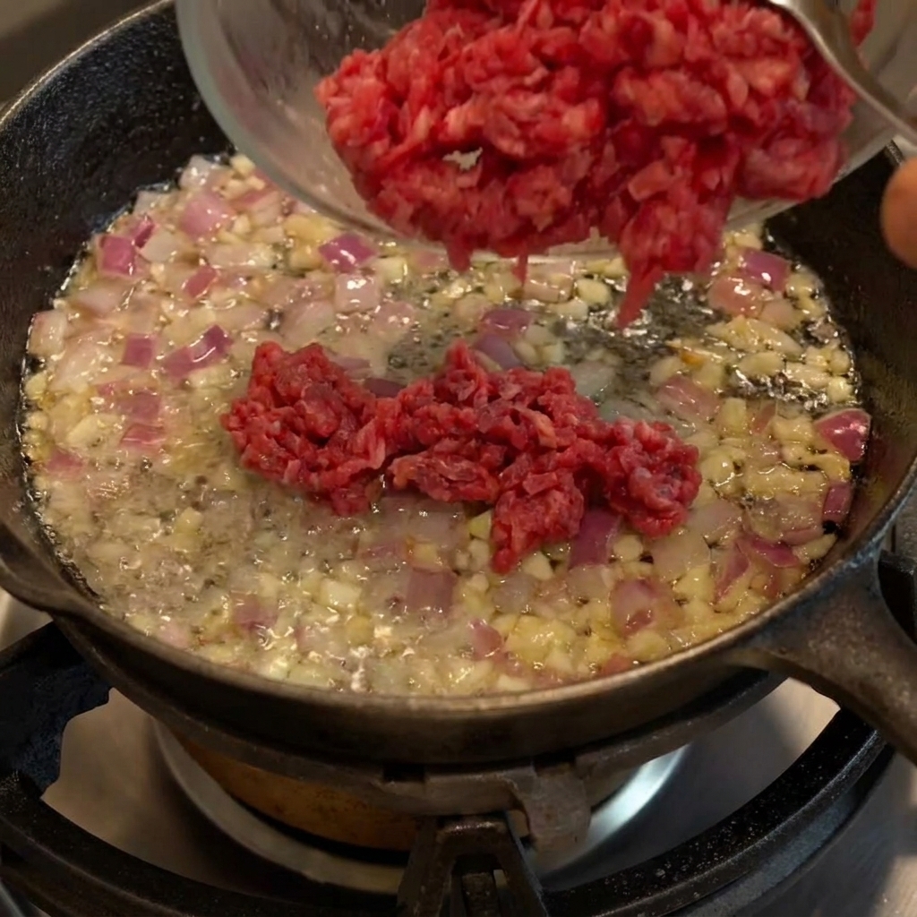 Carne di manzo macinata che rosola nella padella in ghisa, mescolata con cipolla e aglio traslucidi.