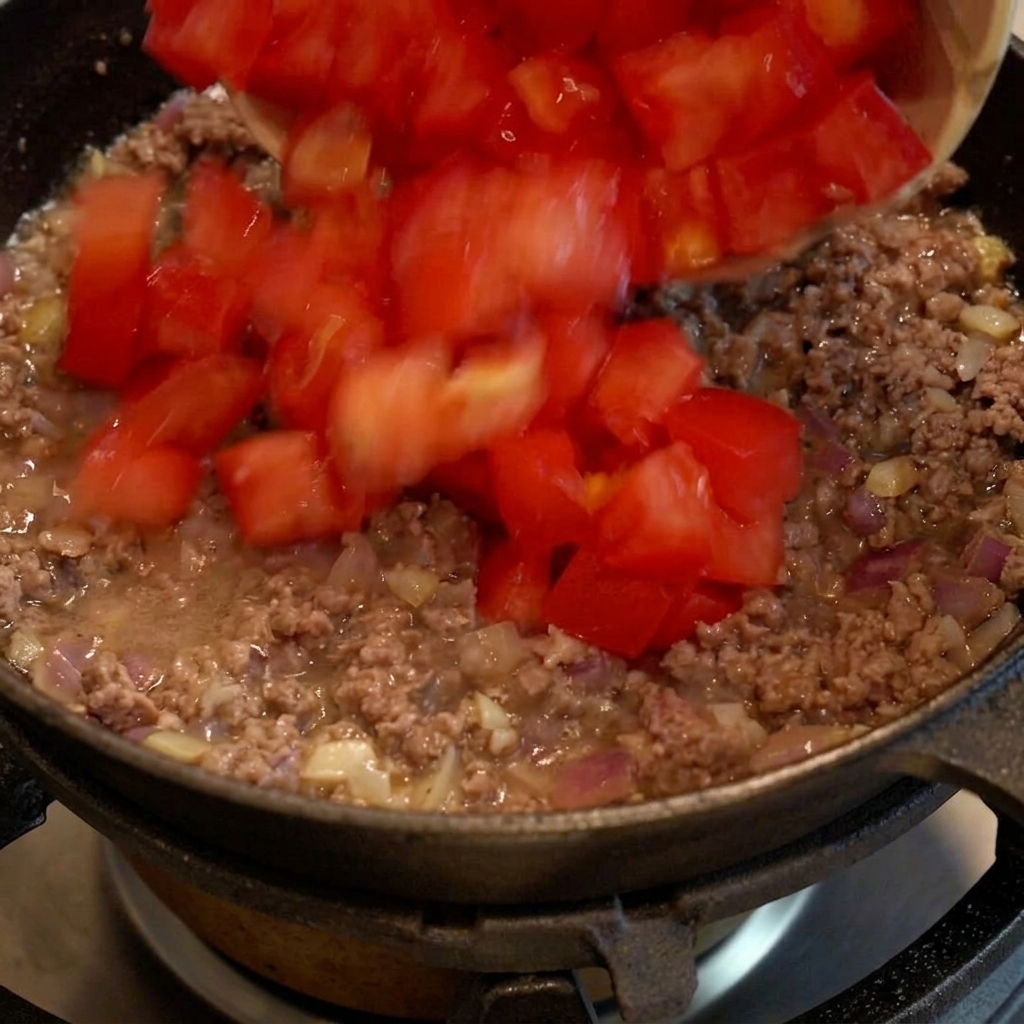Pomodori a cubetti mescolati alla carne macinata in padella, creando una base ricca e sugosa.