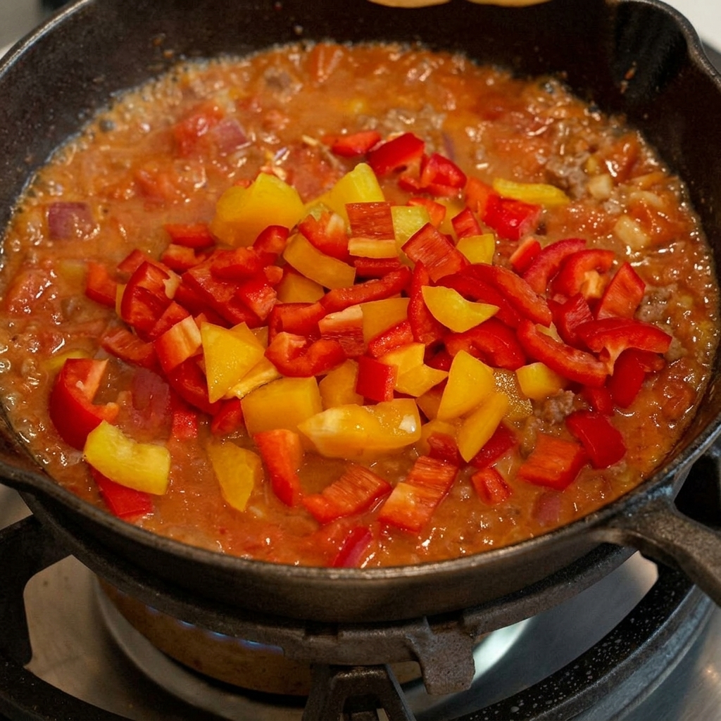 Peperoni gialli a cubetti amalgamati al composto di carne e pomodoro nella padella in ghisa.