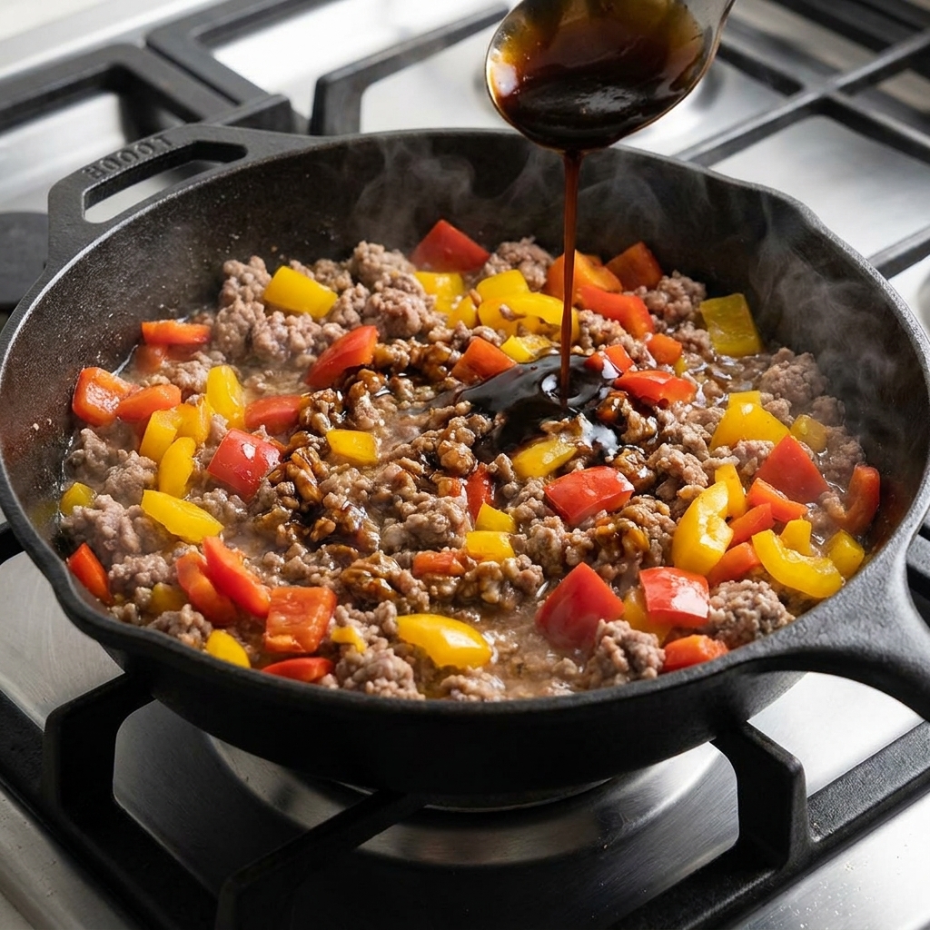Una salsa scura e saporita versata da un cucchiaio nella padella, sopra la carne e i peperoni.