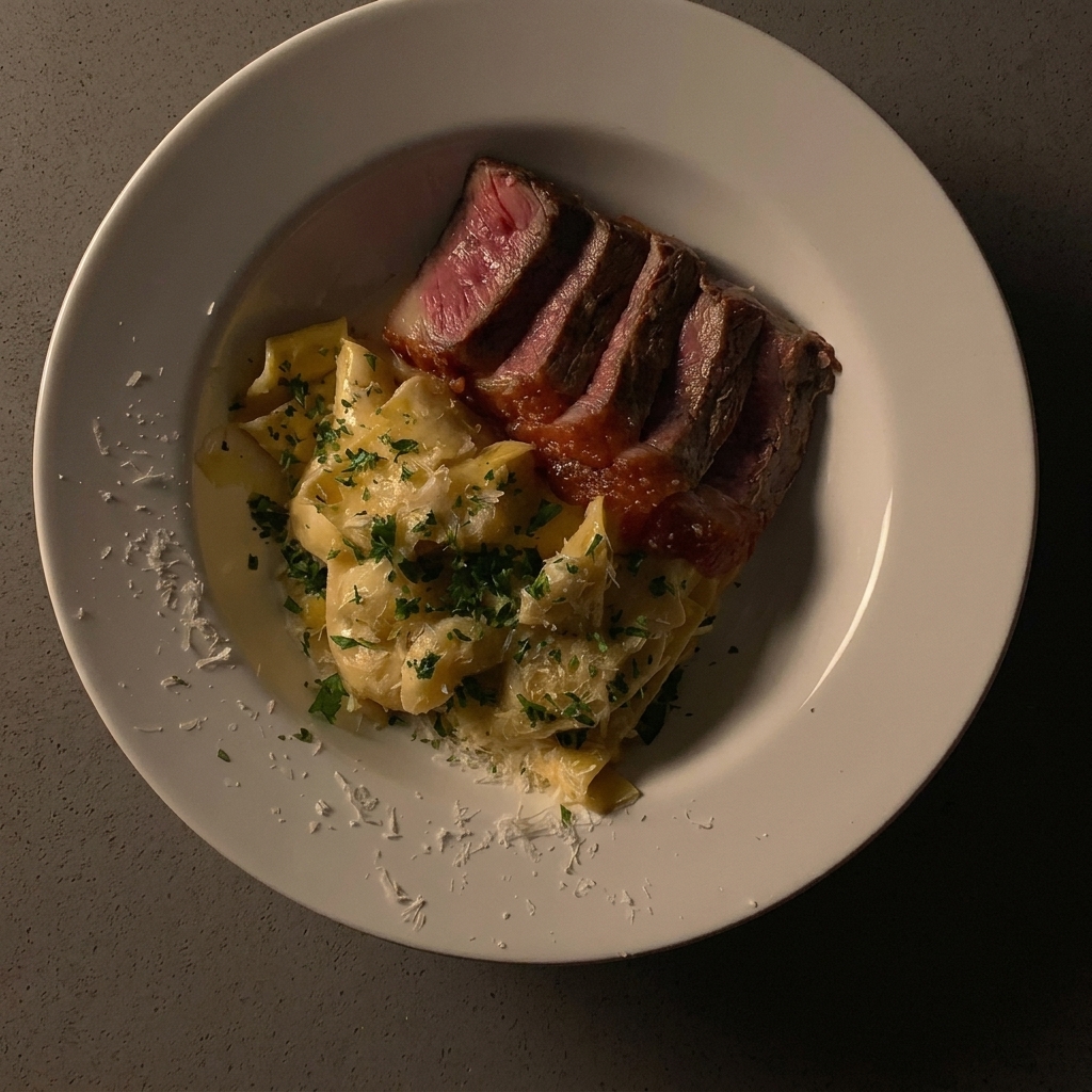 Una bistecca cruda e condita posizionata in una padella di acciaio inox per iniziare la rosolatura.