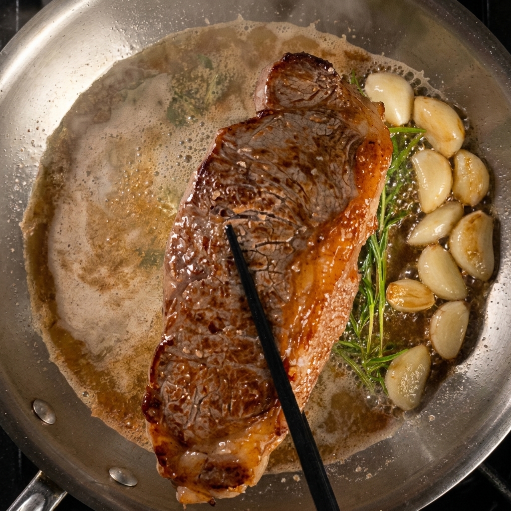 Panna fresca e parmigiano mescolati ai succhi della bistecca in una padella calda.