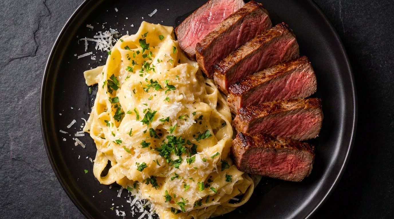 Bistecca in padella con fettuccine cremose