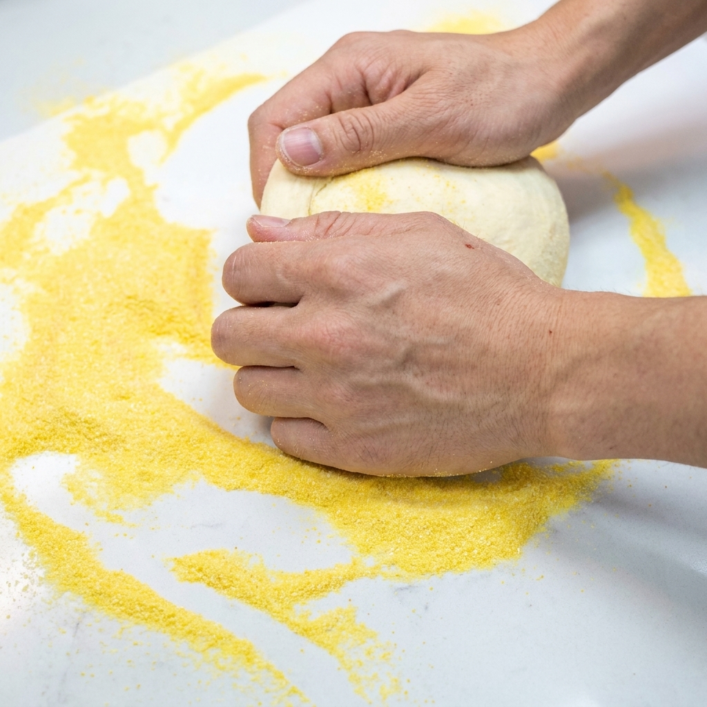 Mani che stendono una pallina di impasto lievitato in una base per pizza rotonda su una superficie infarinata con farina di mais.
