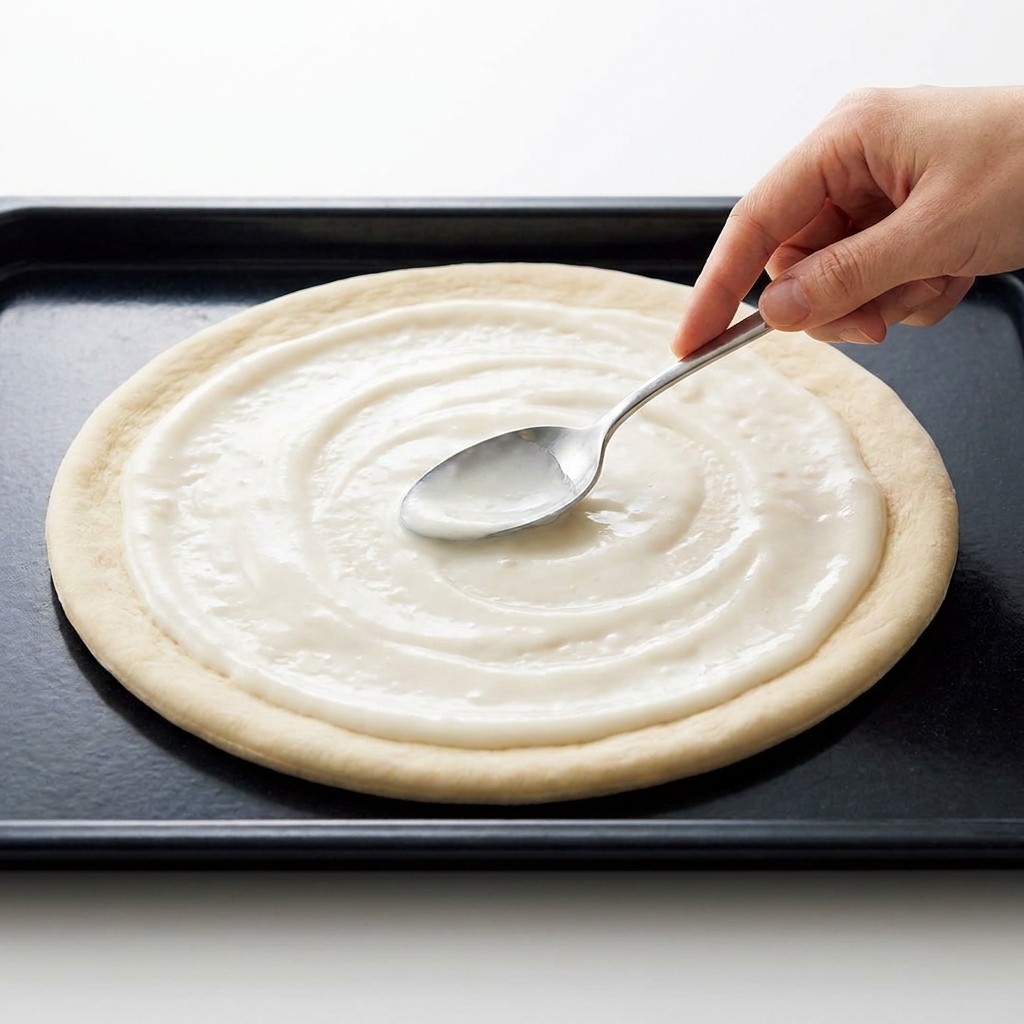 Un cucchiaio che stende la besciamella Mchtm su una base di pizza cruda.