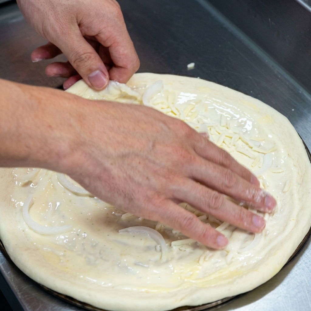 Fette di cipolla bianca adagiate su una base di pizza già coperta di salsa e uno strato di mozzarella grattugiata.
