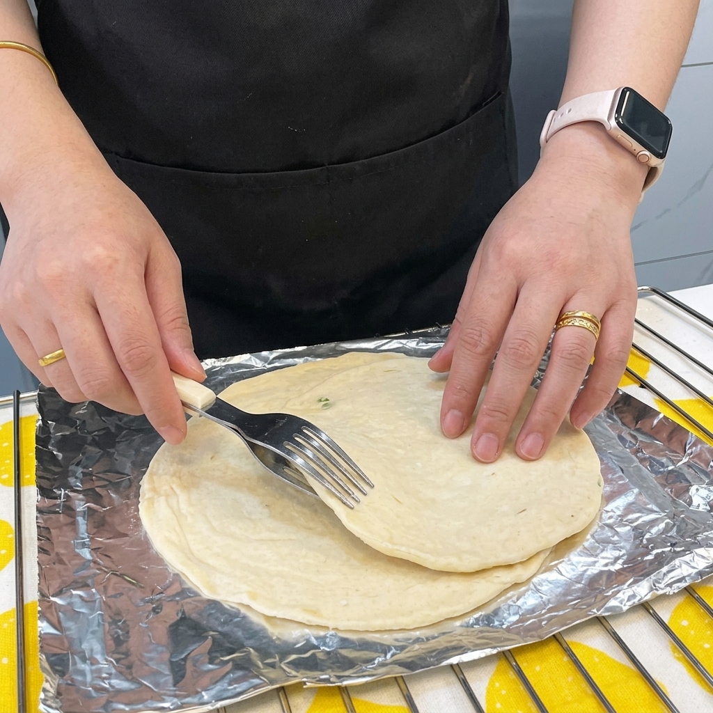 Due pancake alle scalogne impilati che vengono bucherellati uniformemente con una forchetta.