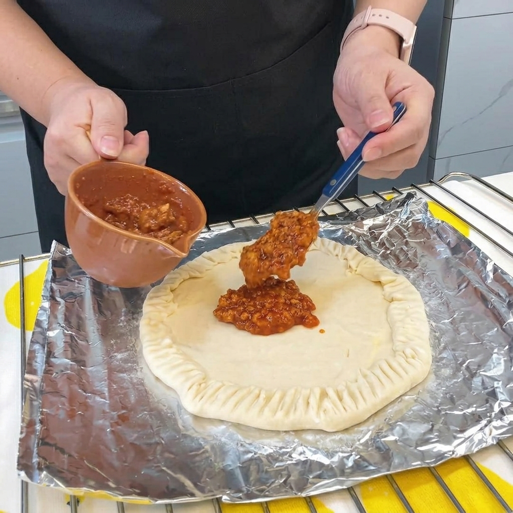 Un cucchiaio di ragù denso e saporito che viene steso al centro della base di pancake.