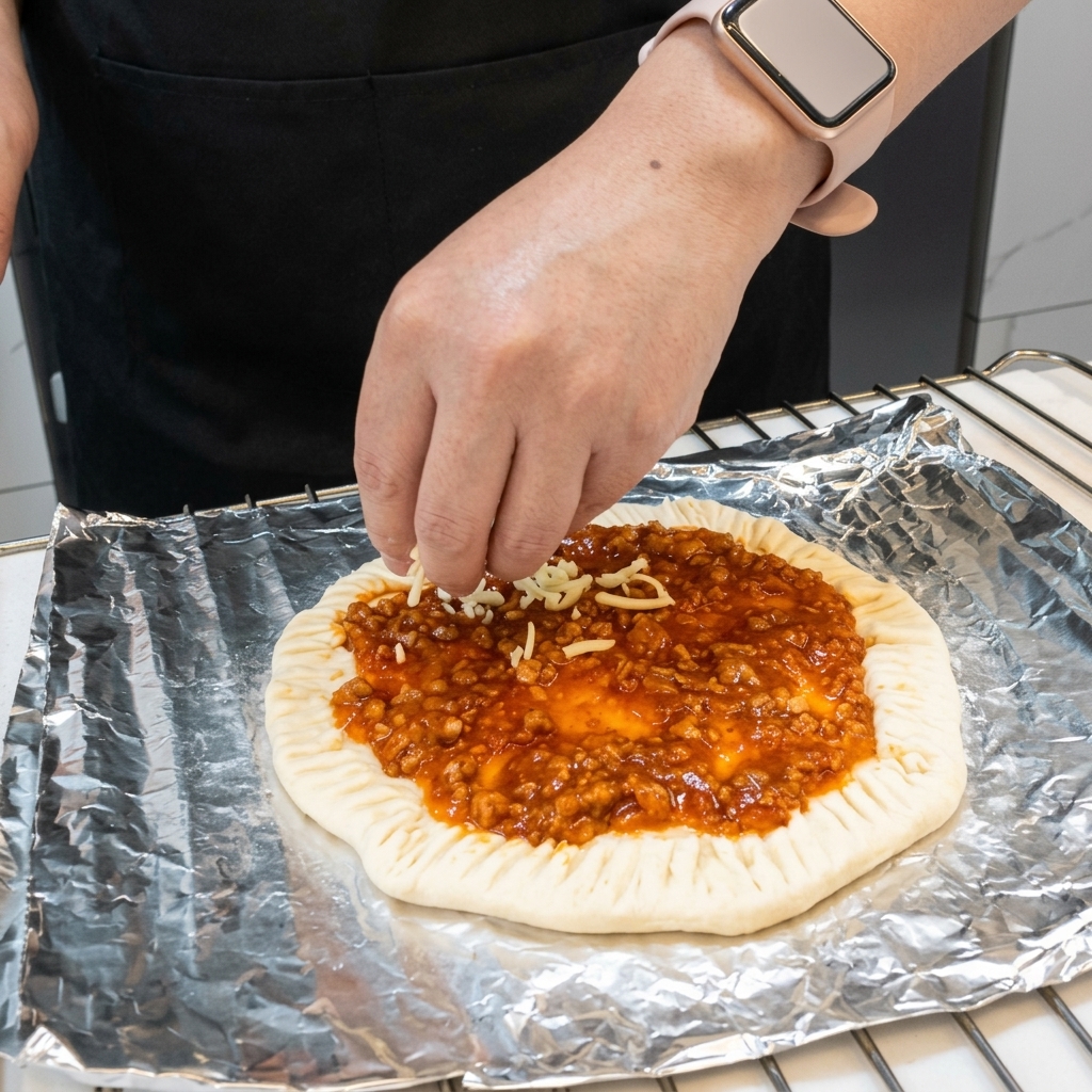 Una mano che sparge della mozzarella grattugiata sopra la base coperta di ragù.