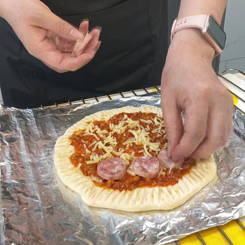 Fette di salsiccia disposte a cerchio sopra lo strato di formaggio.